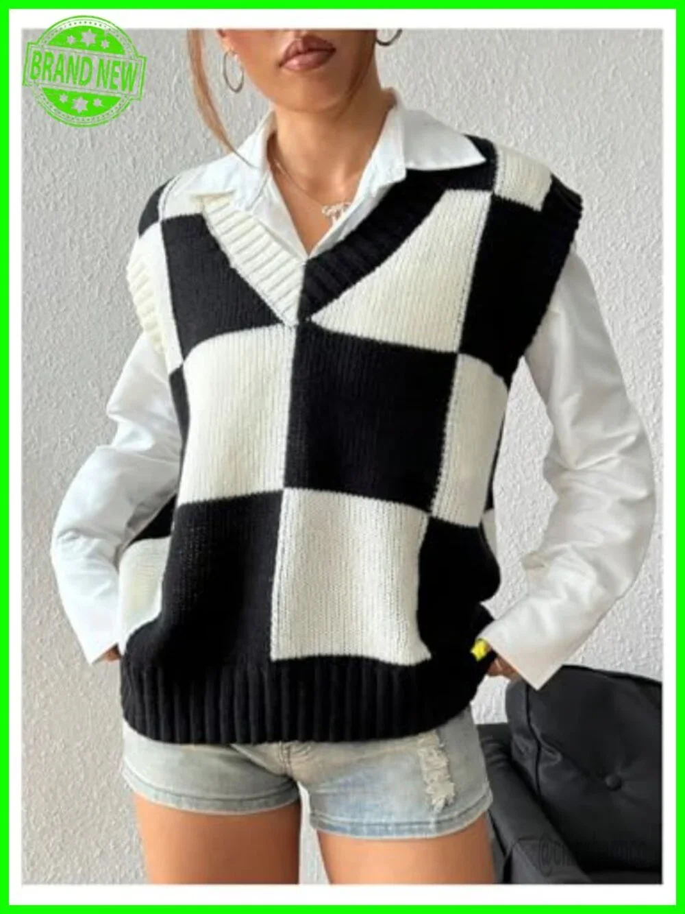 V-Neck Plaid Knit Sweater Vest Cap Sleeve Oversized